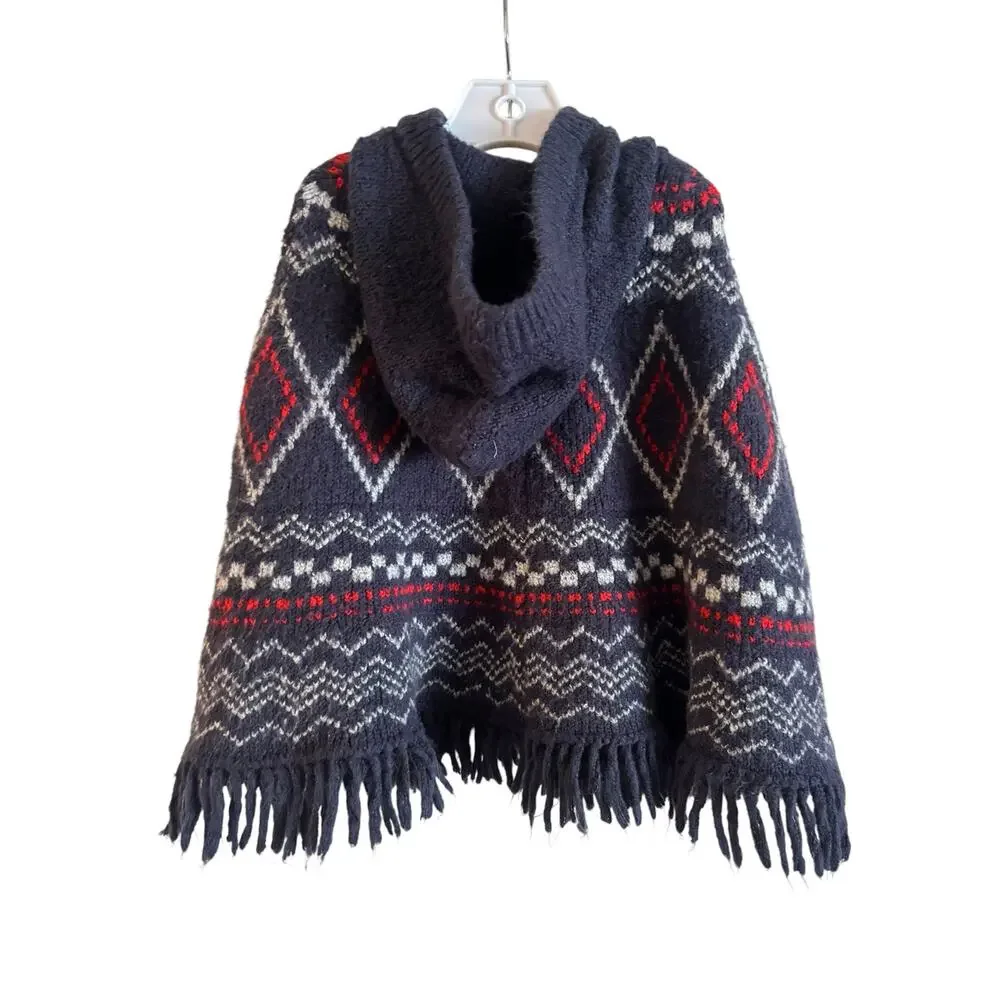 Oshkosh B’gosh Girls Poncho Sweater Hooded Fringe Fair Isle Blue Size 3T